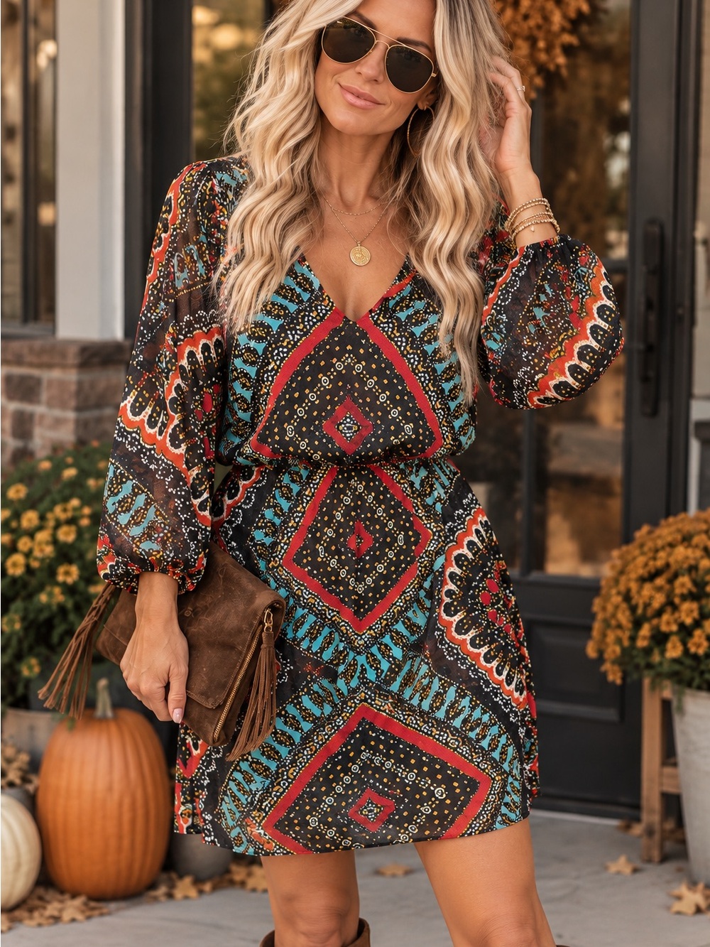 INC International Concepts Black Multi-Print V-Neck Mini Dress
